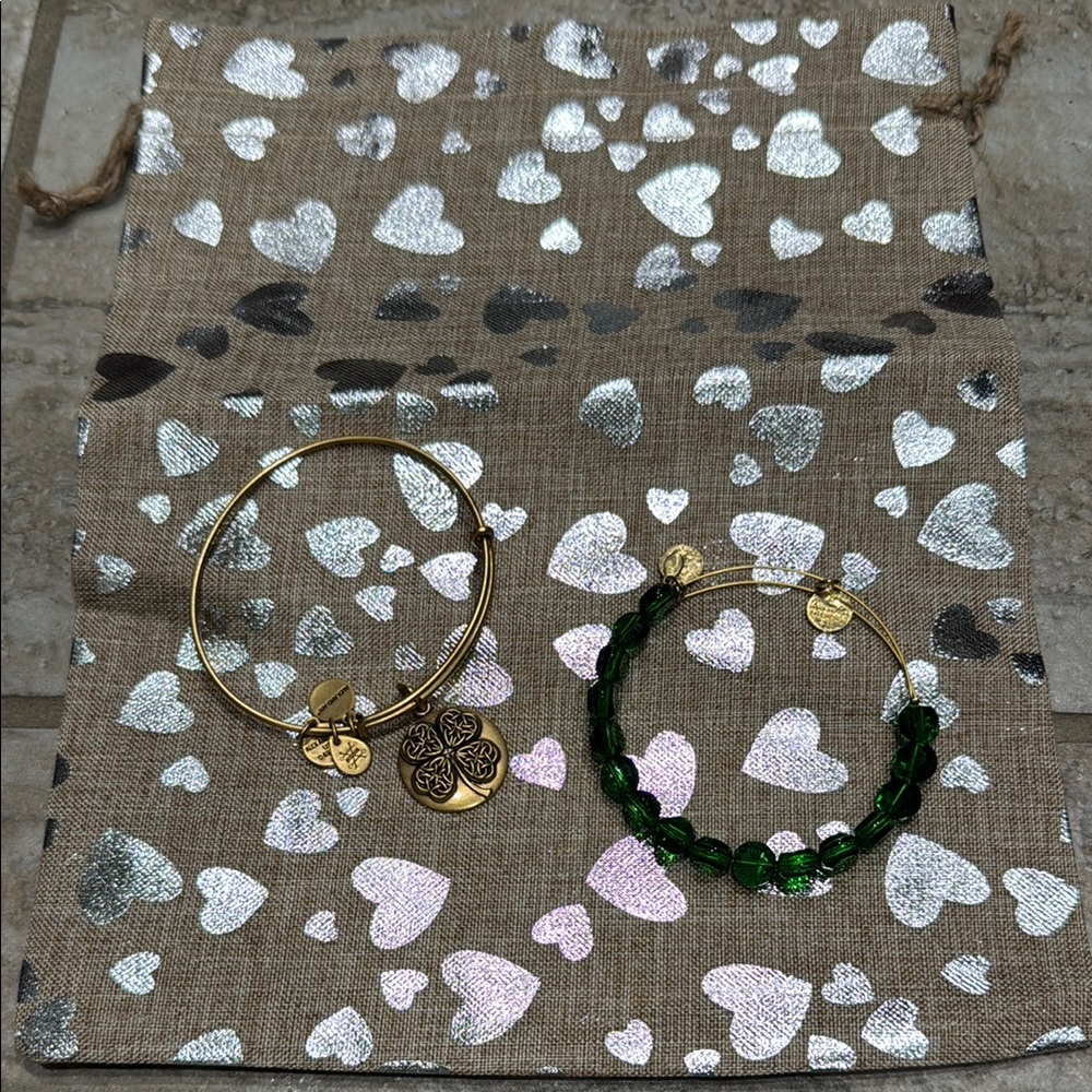 2 Alexi and Ani Bracelets a Green Beaded Bracelet and a 4 Leaf Clover Br…